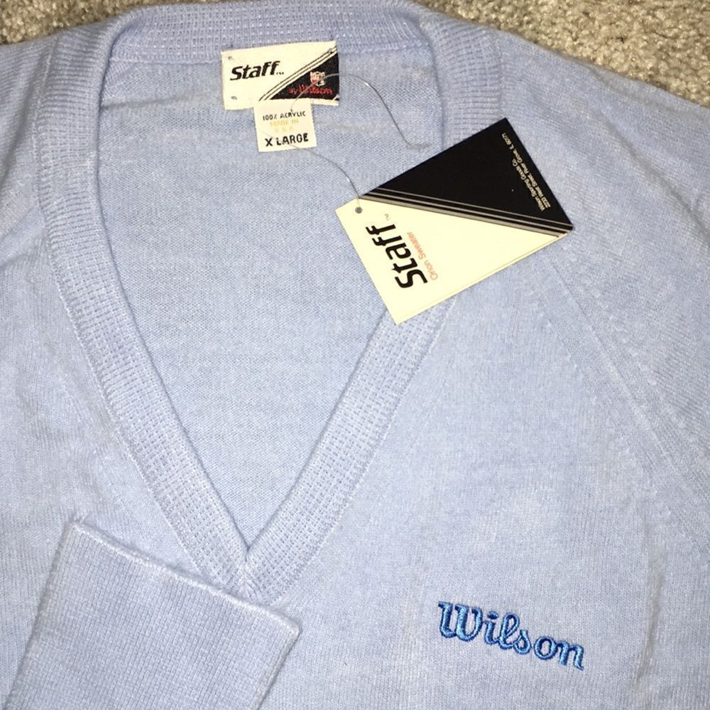 Vintage New w/tags Wilson Staff logo Blue V-neck golf sweater sweatshirt retro